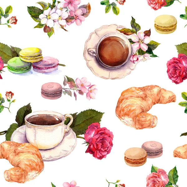 Té, patrón de café flores, croissant, taza de té, pasteles de macarrones. Acuarela. Sin costuras —  Fotos de Stock