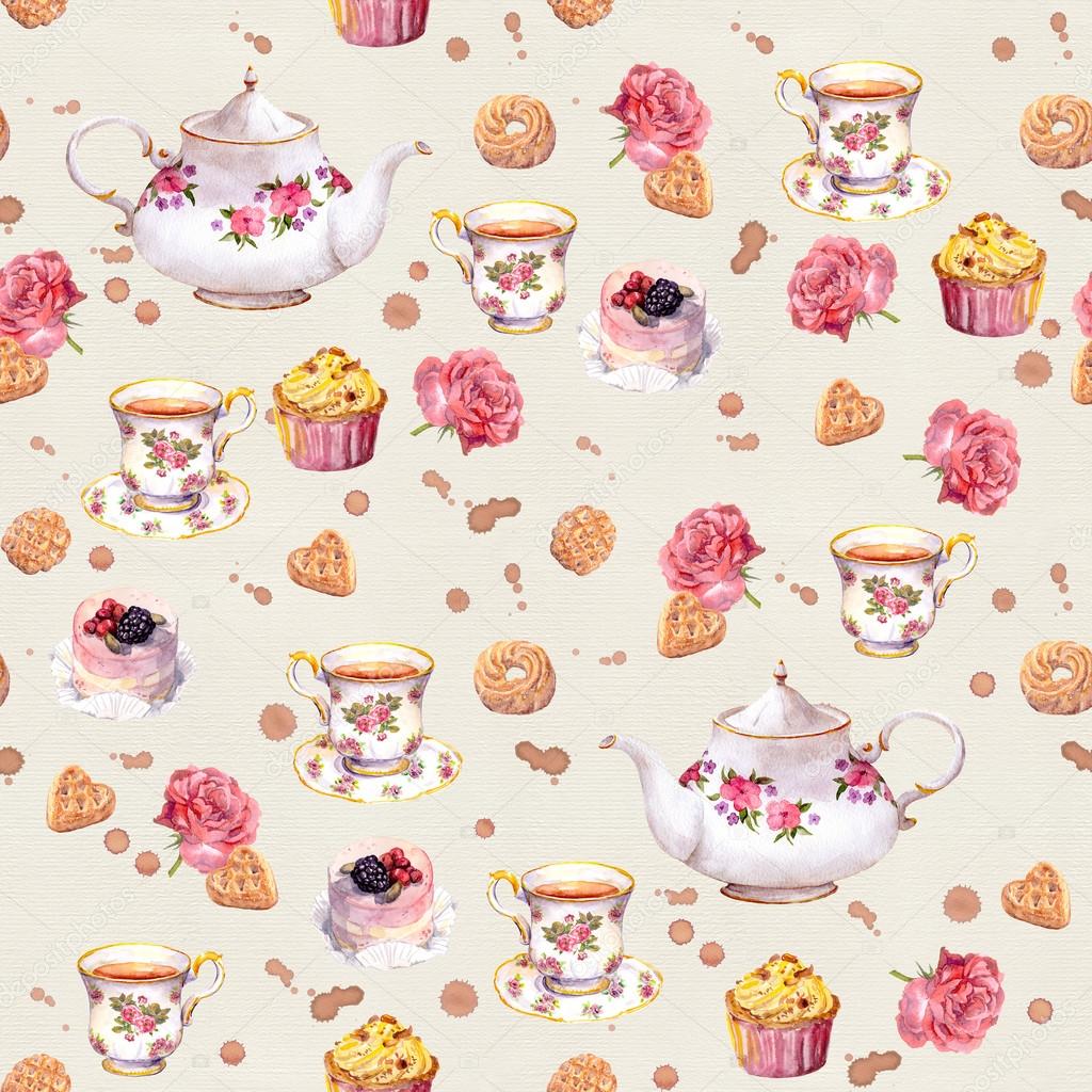 Tea pot, teacup, cakes, flowers. Repeated time wallpaper. Watercolor