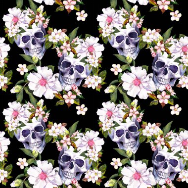 İnsan kafatasları, siyah arka plan çiçeklere. Seamless modeli. Suluboya