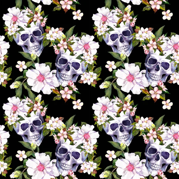 Calaveras humanas, flores de fondo negro. Patrón sin costuras. Acuarela — Foto de Stock