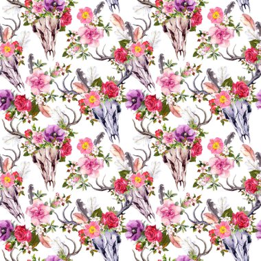 Geyik kafatasları ve çiçekler. Seamless modeli. Suluboya