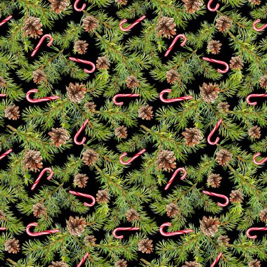 Fir Noel ağaç dalları, candycane. Seamless modeli. Suluboya