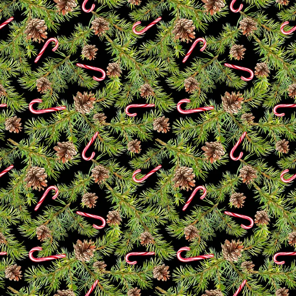 Fir christmas tree branches, candycane. Seamless pattern. Watercolor — Stock Photo, Image