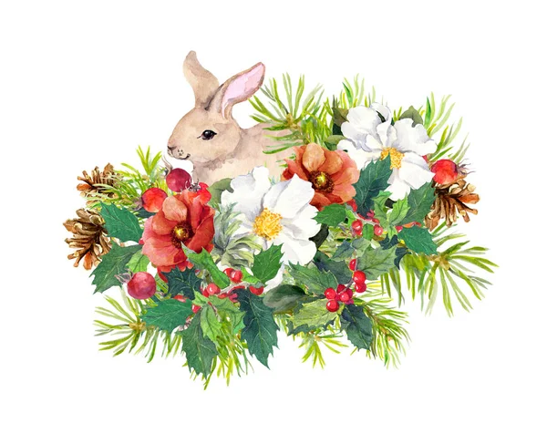 冬のウサギ、花、松の木、ミステリー。かわいい動物とグリーティングカードのためのクリスマス水彩 — ストック写真