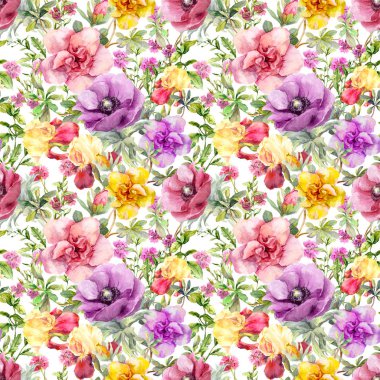 Çayır çiçeklenir. Sorunsuz çiçek desenli. Suluboya