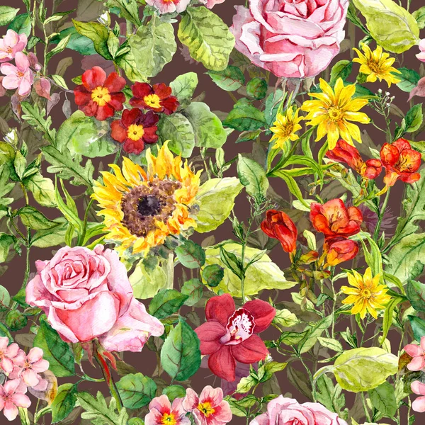 Sömlös blommig och växtbaserade mönster, akvarell — Stockfoto