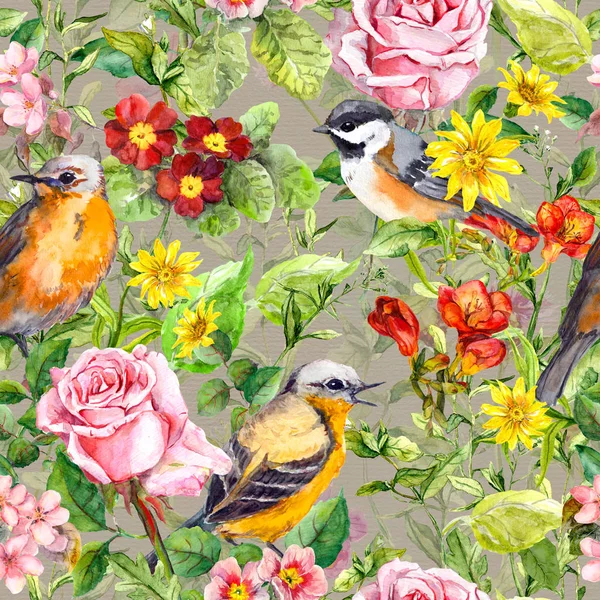 Blommor, äng gräs, fåglar. Vintage sömlös blommönster. Akvarell — Stockfoto