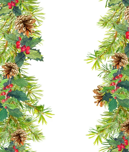 Christmas tree branches, mistletoe.  seamless frame. Watercolor — Stock Photo, Image