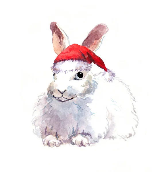 Χριστούγεννα κουνέλι με κόκκινο καπέλο Αϊ-Βασίλη. Ακουαρέλα ζώο — Φωτογραφία Αρχείου