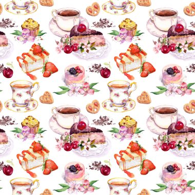Çay çay bardaklarından, kek ve çiçek desenle. Suluboya çay saati için. Sorunsuz arka plan