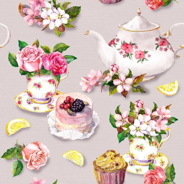 Patrón de té: flores, taza de té, pastel, tetera. Acuarela. Fondo sin costuras — Foto de Stock