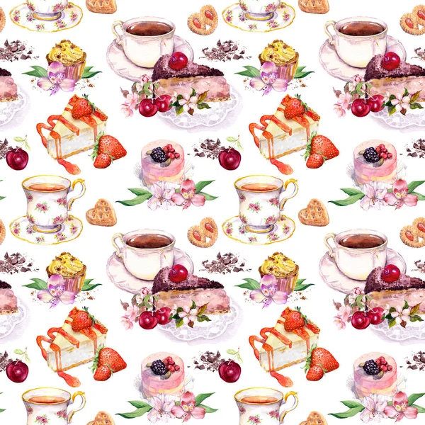 Patrón de té con tazas de té, pasteles y flores. Acuarela para la hora del té. Fondo sin costuras — Foto de Stock