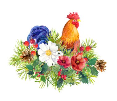 Horoz kuş horoz, kış çiçekleri, yılbaşı ağacı, ökse otu. Suluboya tebrik kartı, etiket, yeni yıl tasarım için