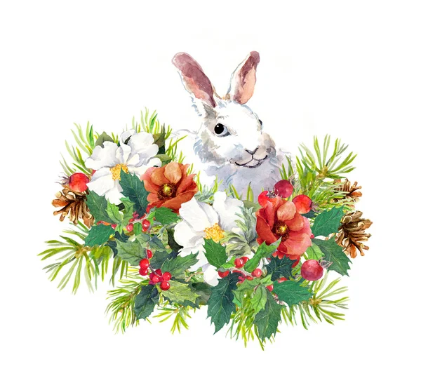 冬のウサギ、花、松の木、ミステリー。かわいい動物とグリーティングカードのためのクリスマス水彩 — ストック写真