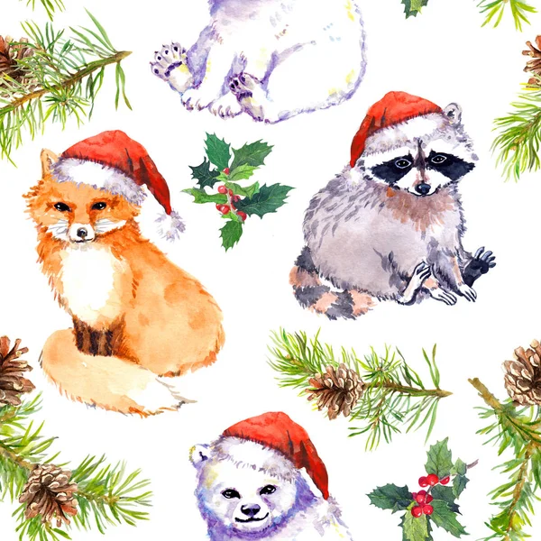 Jul bakgrund - söta djur i röda tomtar hattar, tall grenar. Upprepande mönster. Akvarell — Stockfoto