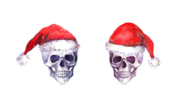 Calaveras humanas con sombreros rojos de santa. Acuarela de Navidad — Foto de Stock