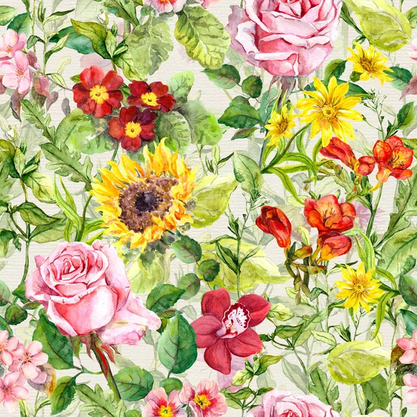 Αγριολούλουδων, βοτάνων πεδίο. Απρόσκοπτη vintage floral μοτίβο. Ακουαρέλα — Φωτογραφία Αρχείου