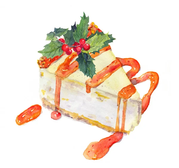 Weihnachtskuchen - Käsekuchen mit Mistel. Aquarell — Stockfoto