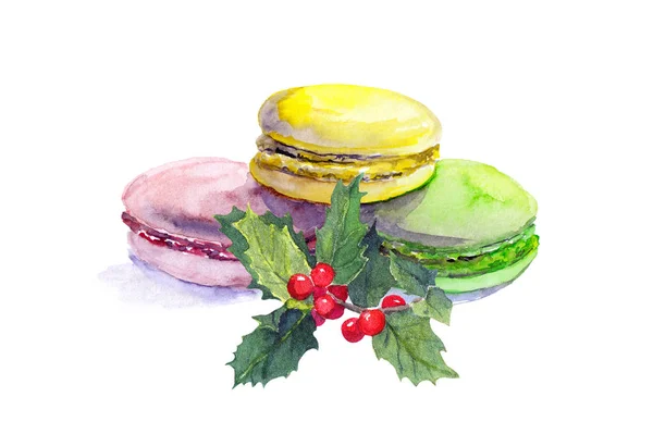 Bitterkoekjes, Kerstmis maretak. Aquarel — Stockfoto