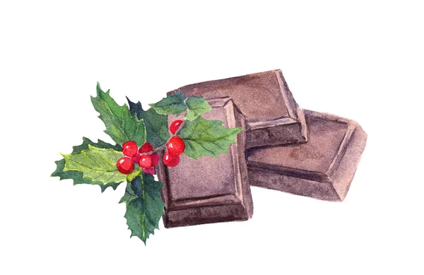 Chocolate block, mistletoe. Christmas sweet watercolor — Stock Photo, Image