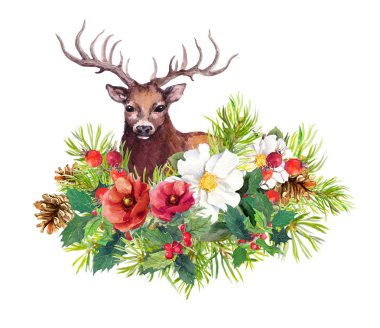 Geyik hayvan, kış çiçekleri, çam ağacı, ökse otu. Noel kartı için suluboya