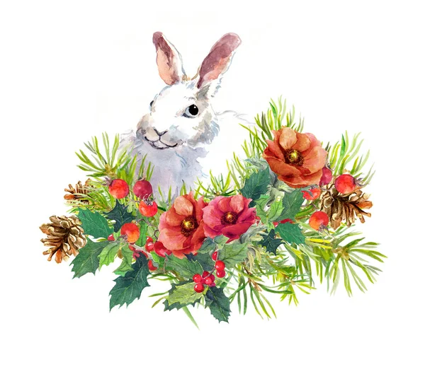 Coelho de inverno, flores, pinheiros, visco. Aquarela de Natal para cartão de saudação com animal bonito — Fotografia de Stock