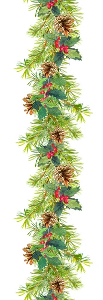 Christmas border - fir tree branches with cones and mistletoe. Watercolor frame — Stock Photo, Image