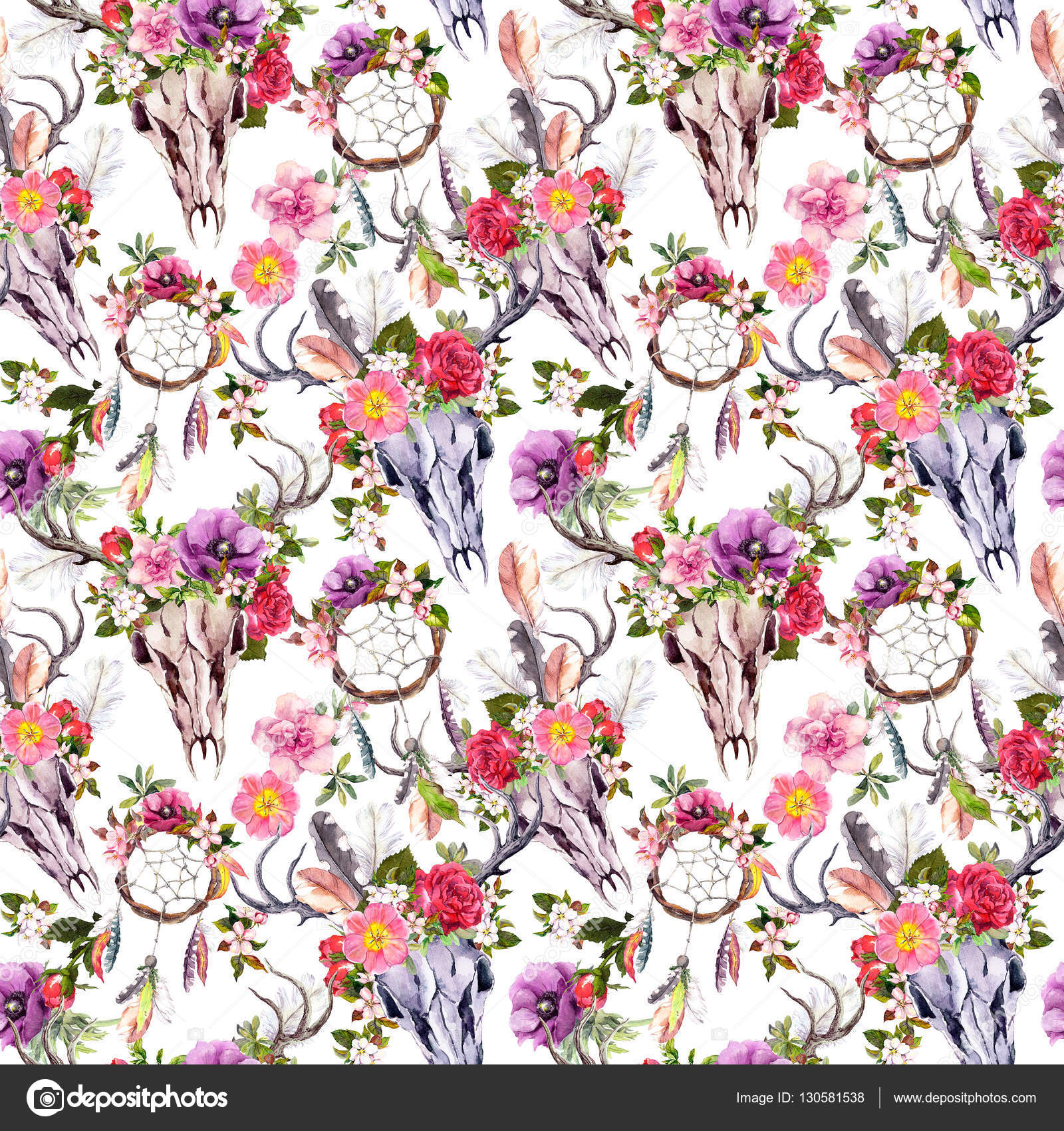 사슴 두개골, 꽃, 꿈 캐처-드림 캐쳐. 완벽 한 패턴입니다. 수채화 스톡 일러스트레이션 [© AUTHOR_NAME] #130581538, image size:1600x1700