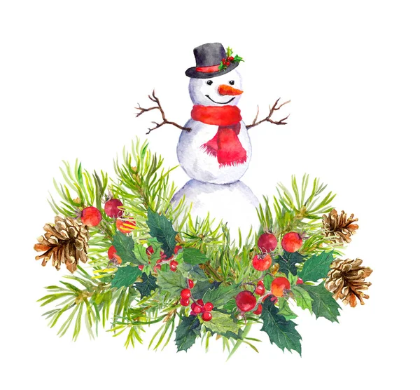 Snowman, fir tree, christmas mistletoe. Watercolor — Stock Photo, Image
