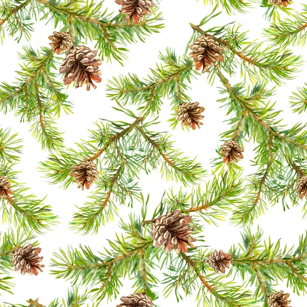 Χριστουγεννιάτικο δέντρο κλαδιά πεύκου. Χωρίς ραφή πρότυπο. Ακουαρέλα — Φωτογραφία Αρχείου