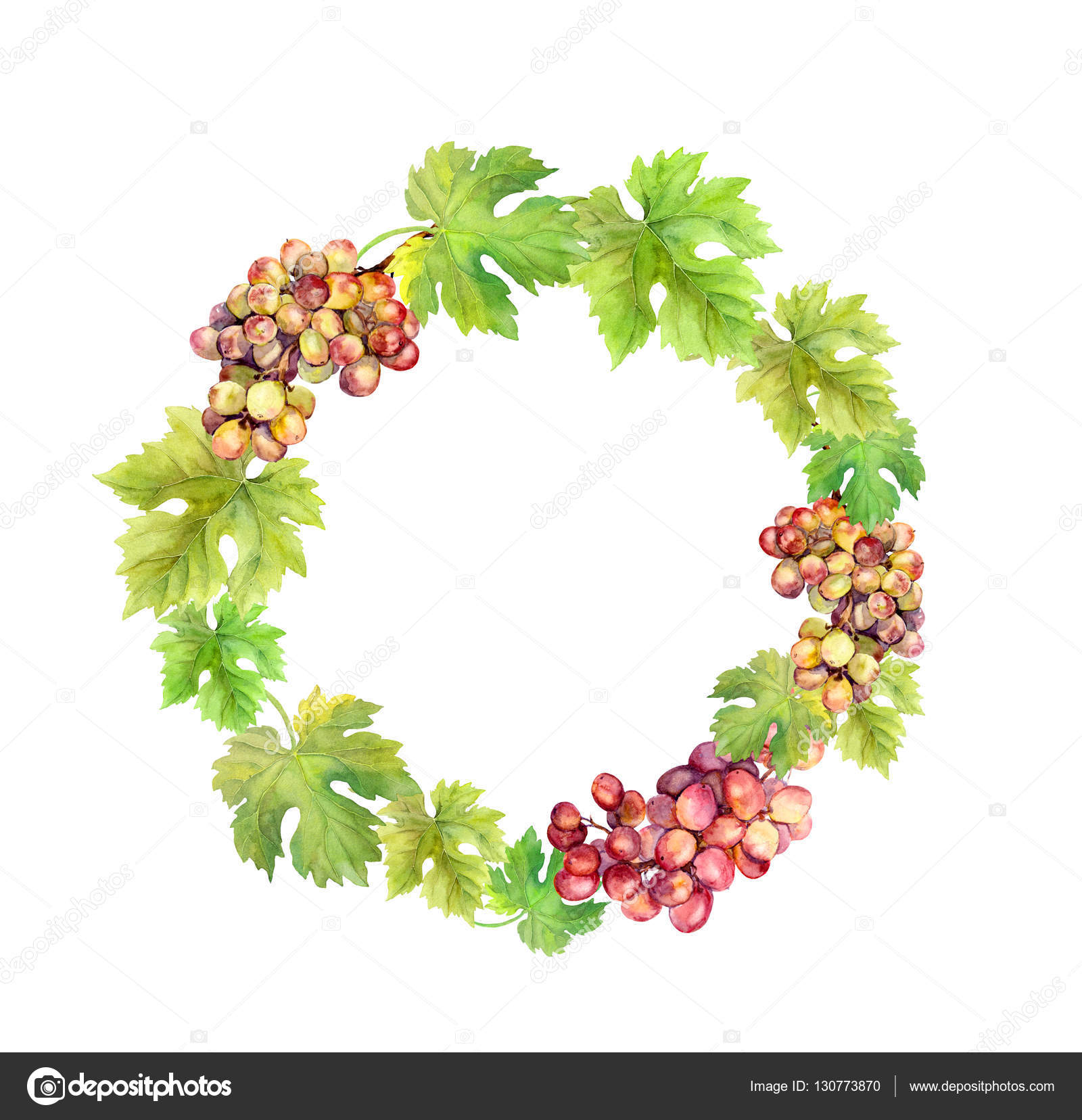 Wreath border with grape and leaves. Watercolor circle frame Stock