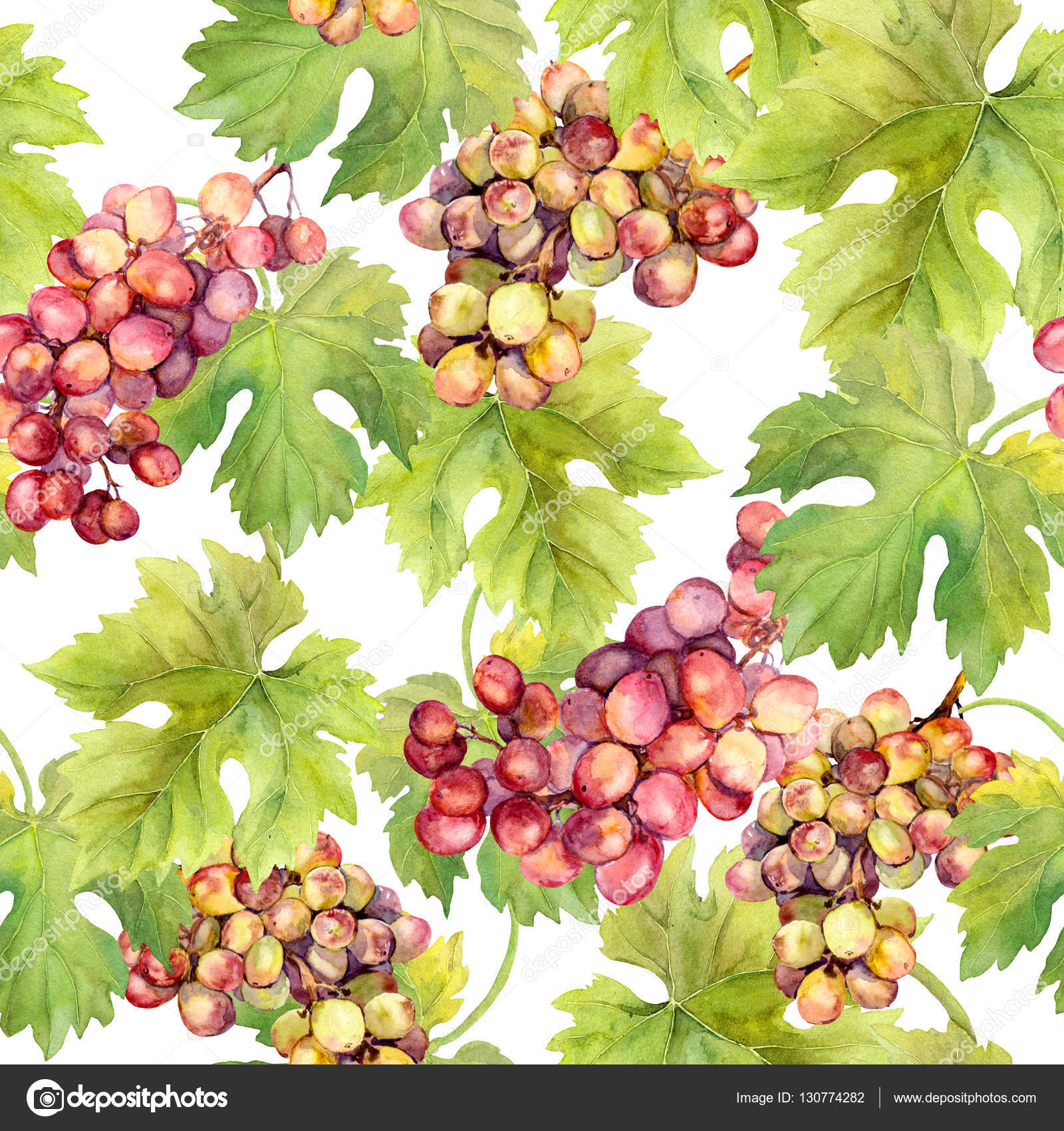 Seamless pattern - grape, vine, leaves on white background. Watercolour  Stock Photo by ©zzzorikk 130774282