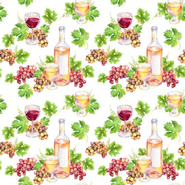 Seamless modeli. Şarap cam, şişe, asma yaprağı, üzüm çilek. Suluboya