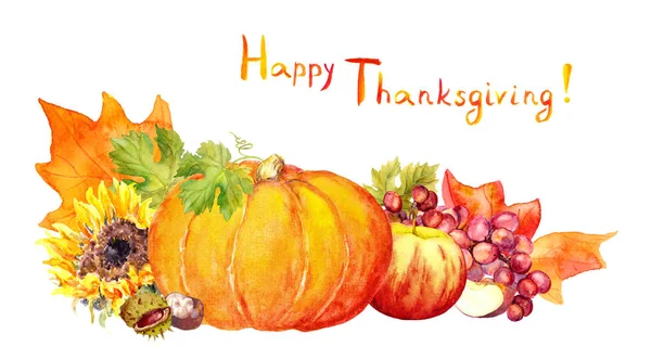 Дизайн Дня благодарения - фрукты, овощи - тыква, яблоки, виноград, листья. Акварель — стоковое фото