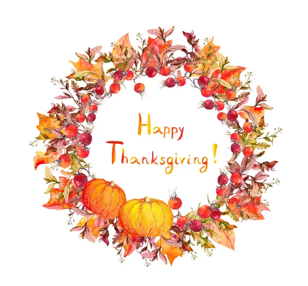 Thanksgiving wreath - pumpkins, berries, autumn leaves. Watercolor round border