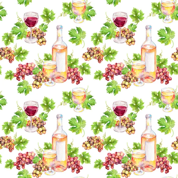 シームレス パターン。ワイングラス、ボトル、つる葉、ブドウ果実。水彩 — ストック写真