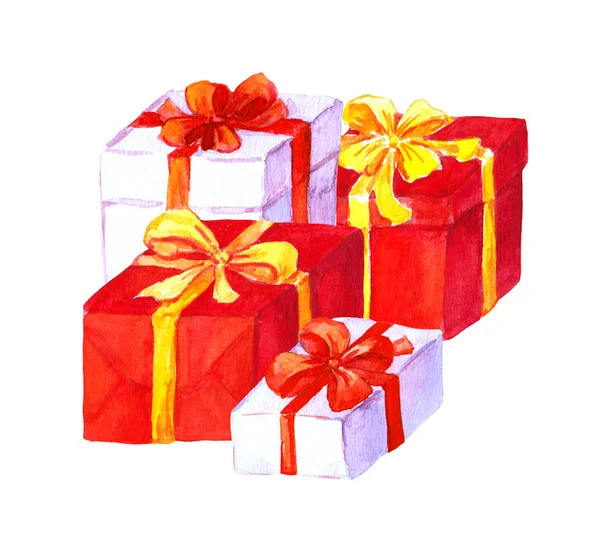 Christmas presents. Red, white boxes. Watercolour — Stock Photo, Image