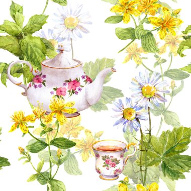Bitkisel çay. Seamless modeli: otlar papatya, nane, çaydanlık, çay fincanı. Suluboya