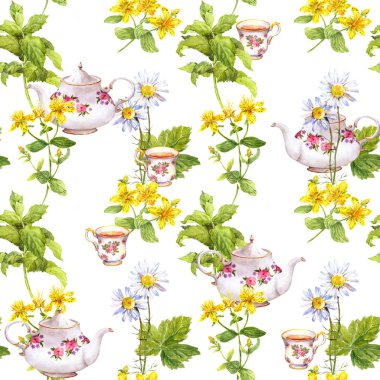 Bitkisel çay. Seamless modeli: otlar papatya, nane, çaydanlık, çay fincanı. Suluboya