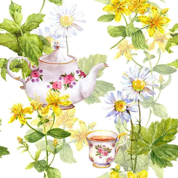 Herbal tea. Seamless pattern: herbs chamomile, mint, teapot, teacup. Watercolor — Stock Photo, Image