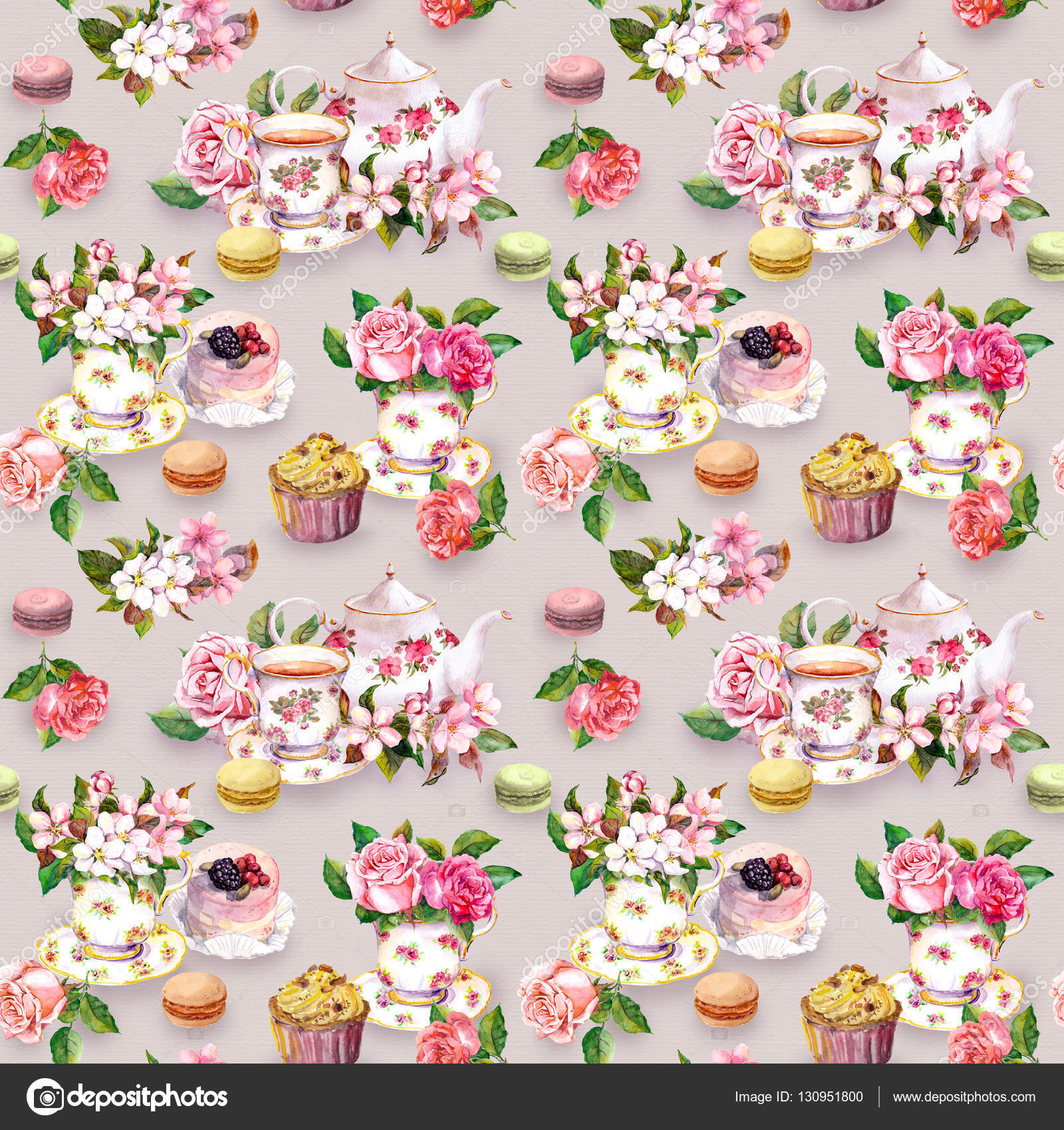 티 패턴: 케이크, 꽃, 찻잔, 주전자. 수채화입니다. 완벽 한 배경 스톡 일러스트레이션 [© AUTHOR_NAME] #130951800, image size:1600x1700