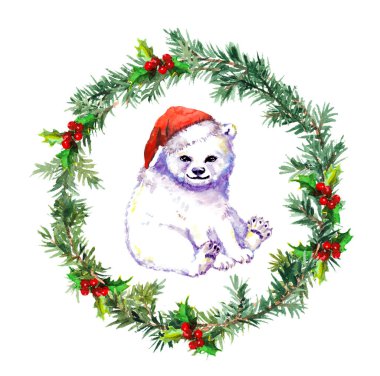 Noel çelenk beyaz ayı hayvan kırmızı santa şapka ile. suluboya
