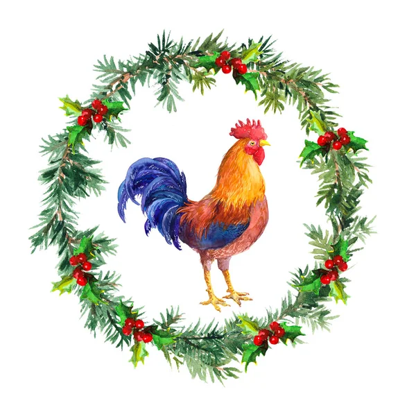 New year wreath, rooster cock - symbol of chinese calendar 2017. Watercolor bird Stock Picture