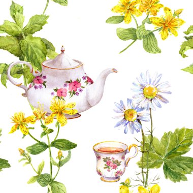 Bitkisel çay. Seamless modeli: otlar papatya, nane, çaydanlık, çay fincanı. Suluboya