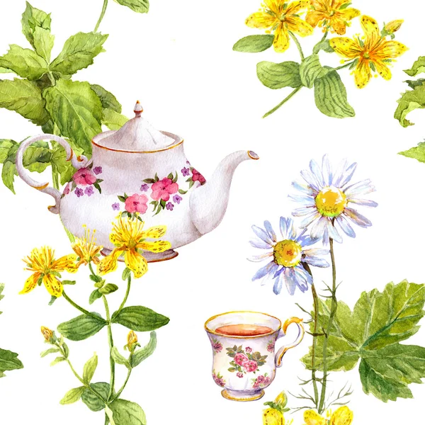 A gyógynövény tea. Varrat nélküli mintát: fűszernövények kamilla, menta, teáskanna, teáscsésze. Akvarell — Stock Fotó