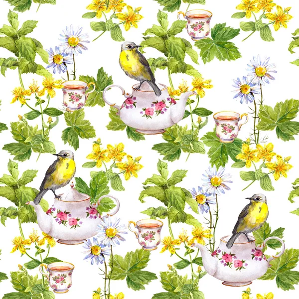 Chá de ervas - pote, xícara e pássaro. Repetir padrão. Aquarela — Fotografia de Stock