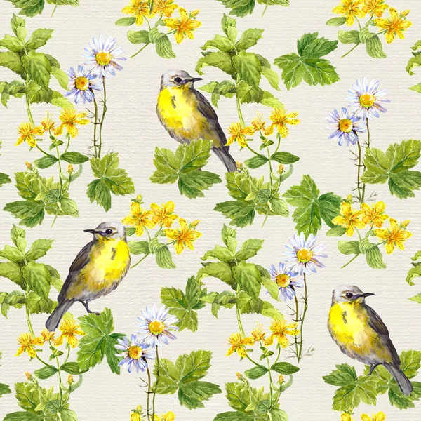 Fåglar i blommig trädgård - blommor, örter. Akvarell. Repetitiva mönster. — Stockfoto