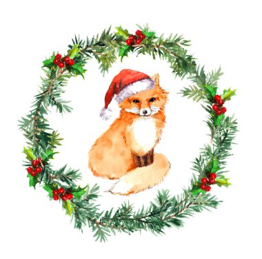 Noel çelenk fox hayvan kırmızı santa şapka ile. suluboya