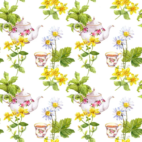 Herbal tea. Seamless pattern: herbs chamomile, mint, teapot, teacup. Watercolor — Stock Photo, Image