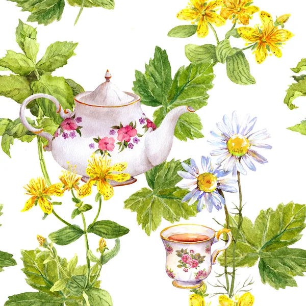 Herbaty ziołowe. Wzór: zioła rumianek, mięta, czajnik filiżanka do herbaty. Akwarela — Zdjęcie stockowe